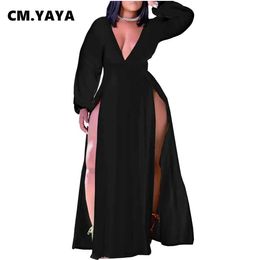 Basic Casual Jurken CM.YAYA Dames Plus Size Jurk Effen Schone Split Lange Jurk Damesmode Sexy Nachtclub Westidos Herfst Set J240224