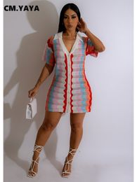 Basis Casual jurken Cmyaya Women Fashion Breid Crochet Rainbow Striped BodyCon Midi Dress Summer Vestidos Beach Holiday Short Sleeve jurken 230519