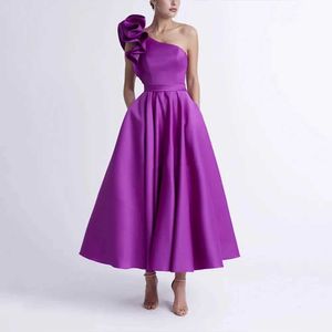 Basic casual jurken cocktailjurk paarse een schouder mouwloze strapless a-line pocket satijn elegante plooien eenvoudige jurk feestjurkl2405