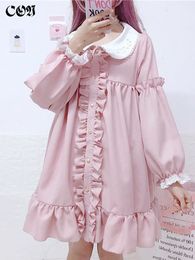 Robes décontractées de base CON filles doux mignon OP Lolita robe à manches longues bouffantes col de poupée rose quotidien fête Dres vêtements 230715