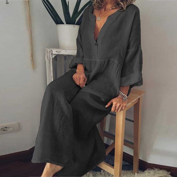 Robes décontractées de base Robe longue en lin en coton pour femmes 2024 Couleur pure pure Casual à manches courte robe plage de vestige de vêtements féminins