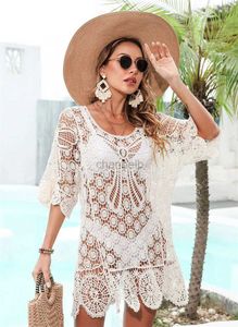 Robes décontractées de base Crochet Bikini Cover Up Sexy Swimsuit Short Beach Robe Femme 2022 Été Casual Blouse Boulet Bathing Fullwear Shirt Shirtwear 240419