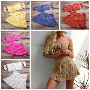 Robes décontractées de base Crochet Robe de plage d'été en deux pièces Sexy Femmes Off Brack Crop Top + A Line Mini Jirts Bikini Maillots de bain Couverture 240419