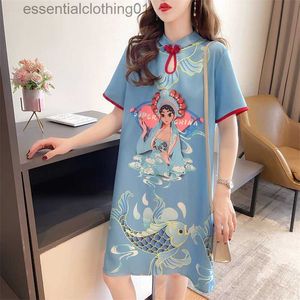 Basic Casual Jurken DAYIFUN Zomer Jurken in etnische Chinese stijl Dame Losse Cheongsam Vintage bedrukt Dameskleding Kanten paneel Korte mouw Jurk L230918