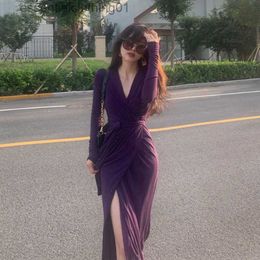 Vestidos casuales básicos Deeptown estilo coreano sexy vestido de noche púrpura mujeres vintage derramado manga larga corsé vestidos de túnica elegante chic midi vestidos l230918