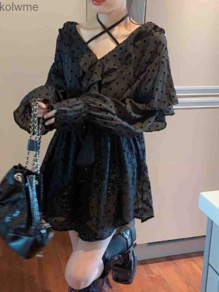 Vestidos casuales básicos Deeptown Vestido negro de lunares de estilo coreano Mujeres Y2k Fairycore Sweet Ruffles Mini vestidos de manga acampanada de una pieza Vestidos sueltos YQ240201