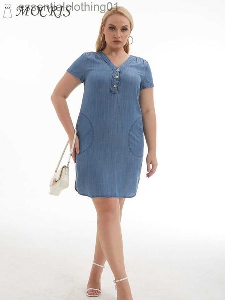 Robes décontractées basiques Denim Robes d'été décontractées à manches courtes pour femmes 2023 Grande taille Solide élégante et jolie robe boutonnée avec poche Nouveau L230918