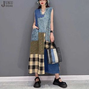 Basic Casual Jurken Denim Patchwork Sleless V-hals Dames Casual Plaids Tankjurk Losvallend Tide Big Size Fe Vakantie Jean Gewaadstijl JJXD528C24315