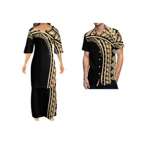 Basic Casual Dresses Design Custom Polynesian Samoan Tribal Tapa Puletasi Tatau Patroon Maxi Jurk Round Neck Tweed Piece Set Top Rokken Outfits 230811