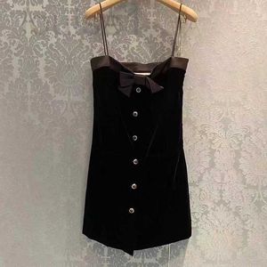 Basic casual jurken Designer merk Miu jurk met strikbandjes, zwart fluwelen jurk veelzijdige tailleomslag herfst dames B2OX