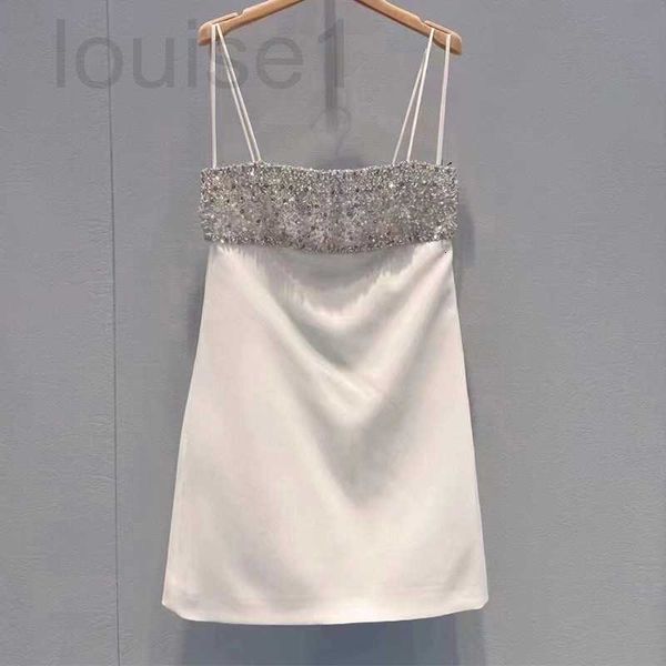 Vestidos casuales básicos Marca de diseñador Miu Vestido blanco Hecho a mano Cosido Diamante Grano Correa colgante Falda Celebridad Nobles Inferior Verano GWT6