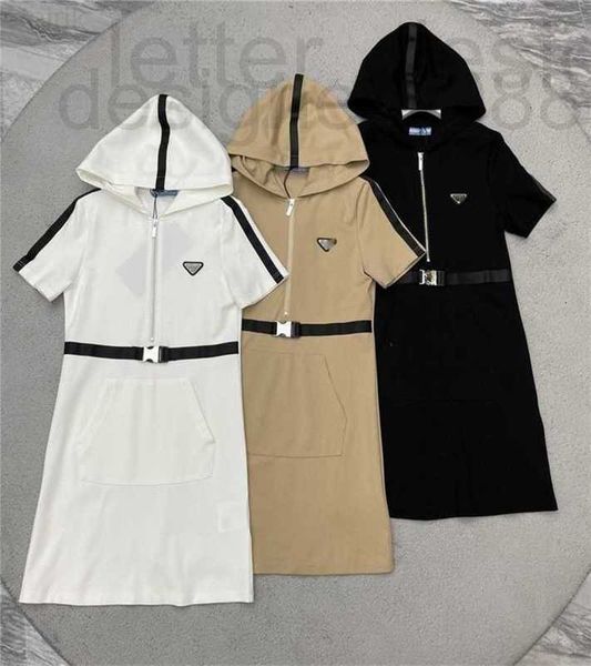 Robes Décontractées De Base Designer Designer Femmes À Capuche Avec Ceinture Poche À Fermeture À Glissière Mode À Manches Courtes Jupe Ceinture Robe 3 Couleurs De Triangle En Métal Street-wear