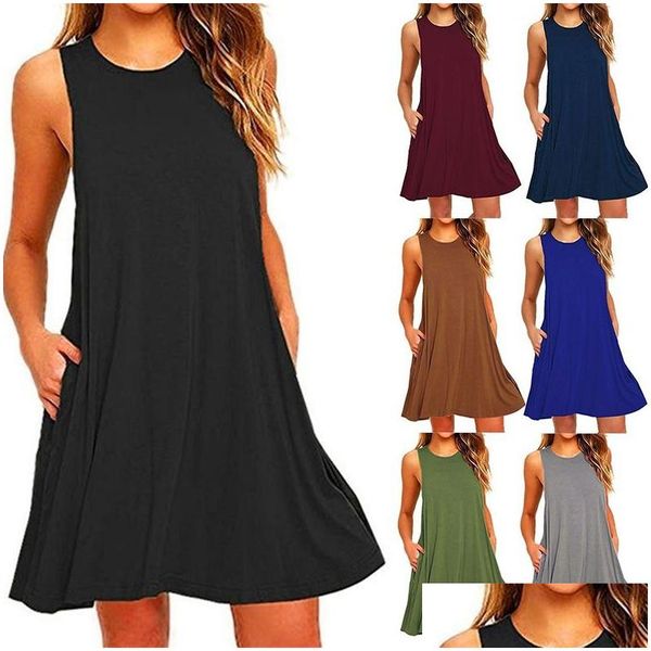 Vestidos casuales básicos Vestido de diseñador para mujer Verano Mujeres Sólido Mini tanque sin mangas con bolsillos invisibles Blanco 5XL Drop Entregar DHPVG