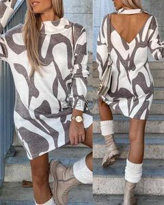 Basic Casual Dresses Designer Dress S3002 Autumn/Winter Fashion Print Backless Long Sheeved Dress