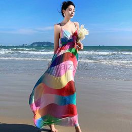 Basic Casual Dresses Designer Jurk zomer kleurenpalet regenboog snoep Camisole jurk voor vrouwen met modern temperament, slanke pasvorm, slanke en lange stijl geplooide jurk
