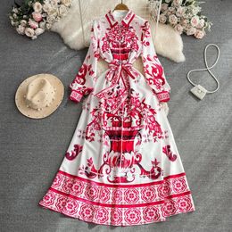 Basic Casual Dresses Designer Runway Red Blue en Wit Porselein Print Dress Dames Lapel Lantern Sleeve Bow Sashes Elegant Long Party Vestidos 2024