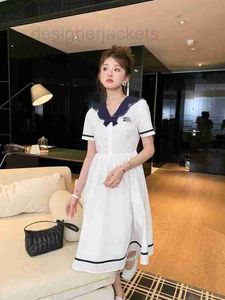 Basic Casual Jurken Ontwerper Zomer New Navy Style Lace Studded Diamond Women's Short Sleeve Waist Dress with Bow Design KQY0