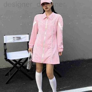 Robes décontractées de base Designer Femmes Rose Blanc Clash Couleurs Revers Simple Rétro T-shirt Robe Printemps Cool Filles Sports Zip Cardigan GFFO