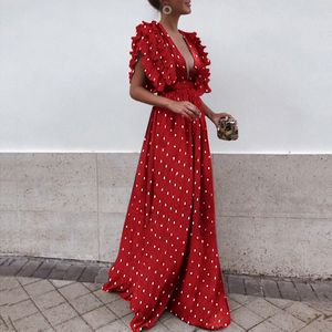 Robes décontractées basiques Dot imprimé plissé mancherons longues femmes soirée soirée 2019 nouveau Sexy col en v profond une ligne étage longueur robe de mode