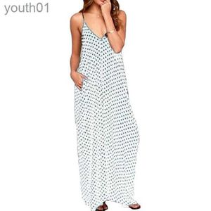 Basic Casual Jurken Gratis Verzending Jurken Polka Dot Casual Lange Maxi-jurk Sexy Strandkleding Mouwloos Ruglooze Vestidos Maat 240302