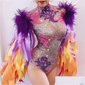 Basis Casual jurken Drop Colourf Feather Sleeve Bodysuit Women Nightclub Bar Party Outfit Performance Dance Costume 220812 Lever DHKPB