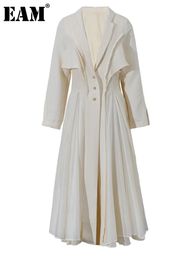 Robes décontractées de base EAM femmes Beige plissé lin longue robe élégante revers cou à manches longues coupe ample mode printemps automne 3W6617 231201