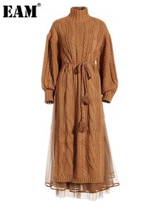 Robes décontractées de base EAM Femmes Camel Bandage Ourlet Fente Longue Robe En Tricot À Col Roulé Manches Mode Printemps Automne 2023 1DF3800 231116