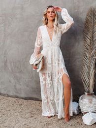 Robes Décontractées De Base EDOLYNSA Longue Tunique Blanche Bikini Cover-ups Sexy Deep V-cou Slip Maxi Dress Vêtements D'été Femmes Maillot De Bain Cover Up A1265 230720