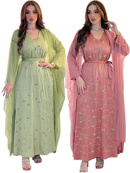 Robes décontractées basiques robe de soirée Eid diamant femmes musulmanes maille Abaya fête Ramadan Abayas Caftan caftan saoudien arabe Maxi Vestidos 2023 230613