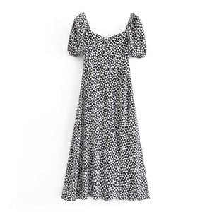 Basis Casual jurken Elegant A Line Geometric Print Midi Dress Women Puff Short Slve Vintage DIRE Chic Split Jurken Summer Vestidos Y240524