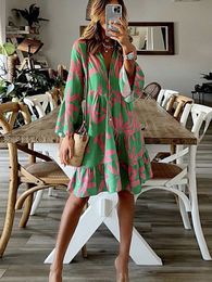 Basis Casual jurken Elegante boho -printjurk vrouwen Vneck Flare Sleeve losse Aline Spring Ladies Vacation Shirt Vestidos 230519