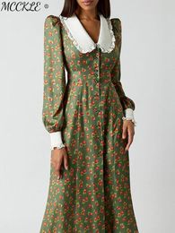 Robes décontractées basiques Robe élégante à imprimé floral pour femmes Printemps Vintage Manches lanterne Femme Chemise longue Robes Col de poupée Taille Robe pour dames 230615
