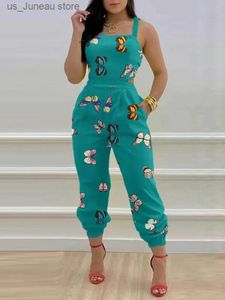 Basis Casual jurken Elegante jumpsuit Vrouwen zomer 2023 Fashion Butterfly Print Crisscross Lace Up Details Backless Long Jumpsuit Plus Size Rompers T240412