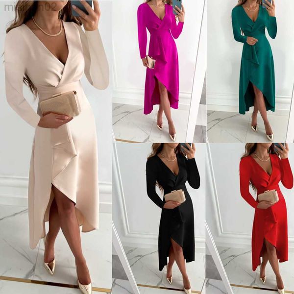 Vestidos casuales básicos Vestidos de fiesta para damas elegantes para mujeres Banquete Manga larga con cuello en V Volantes Dobladillo fruncido Falda con abertura Vestido de fiesta para mujer Vestidos HKD230807