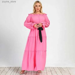 Robes décontractées de base élégante robe de fête maxi pour la femme plus taille femme vêtements rose manches évasées au large de l'épaule bal swing robe courbe l49