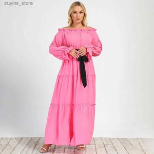 Basis Casual jurken Elegante dame maxi feestjurk voor vrouw plus size dames kleding roze wijd uitlopende mouwen uit schouder prom grote swing jurk curve l49