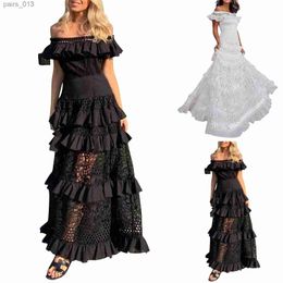 Basis Casual jurken Elegante One-Shoulder Solid Ruffle Long Evening Jurk zomer Mode mouwloze swing klassiek Lace Party Sexy YQ240328