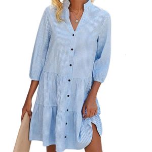 Robes décontractées de base élégante robe imprimée à carreaux col montant cardigan à simple boutonnage habillée femme trois segments robe à manches mi-longues 230831