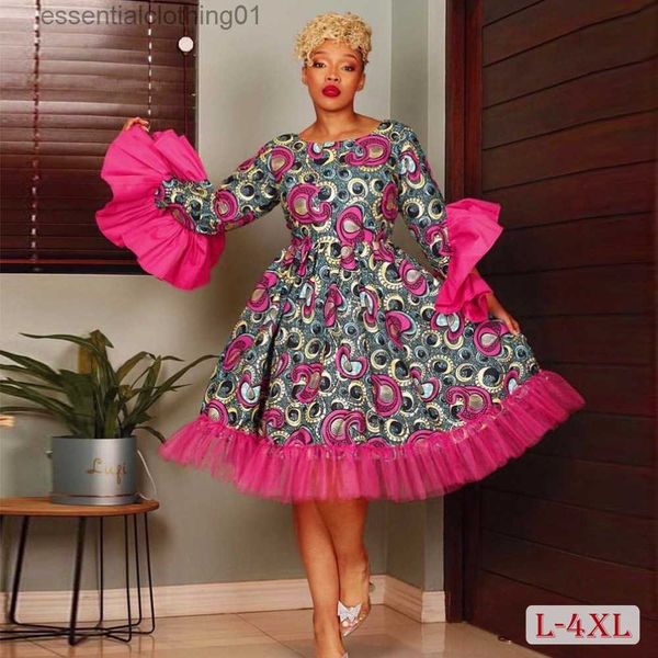 Vestidos casuales básicos Vestido de fiesta elegante de talla grande para mujer 4XL Hot Pink Luxury Floal Print Mesh Lady Vestido de manga larga Vestidos femeninos L230918