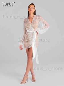 Basis Casual jurken Elegant Rhinestone Lace Up Mini Dress Women 2023 Shinny V Neck Split Split Short Korte Jurken Autumn Lady Party Dance Vestidos T240227