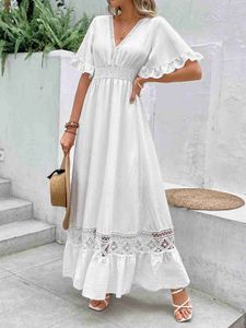 Basis Casual jurken Elegante massief witte lange jurk dames kleding bohemia holle zoom sexy korte mouwen hoge taille strand feest maxi yq240402