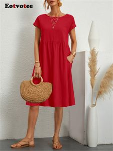 Basis Casual jurken EotvoTee katoenen linnen Zomer jurk voor vrouwen Hoge taille O nek korte mouw midi jurken Solid vintage casual jurk 230518