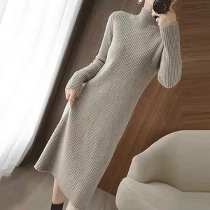 Basic Casual Jurken Herfst Winter Mode Elegant Halve Kraag Slanke Lange Mouw Basic Rib Gebreide Trui Jurk voor Vrouwen Casual Effen Jurken vestidos 230927