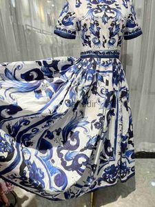 Basic Casual Jurken Verkleedkleding Dames Blauw Wit Porselein Gedrukt Geplooide Taille Korte Mouw Fit Flare Cami-jurk 240304