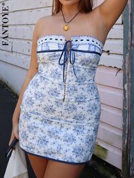 Standaard Vrijetijdsjurken Fantoye Bloemen Gedrukt Vakantie Dames Jurk Offshoulder Blauw Metalen knoop Lente Mager Elegant Buitenkant Vrouwelijk Mini 230625