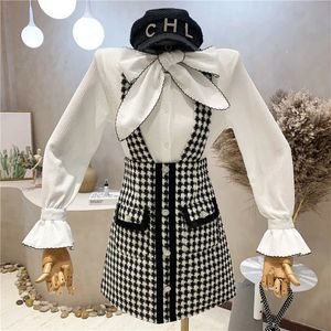 Basic Casual Jurken Mode 2 Delige Set Overalls Jurk Dames Flare Mouw Strik Kraag Shirt TopDiamonds Knop Houndstooth Tweed Wollen Zonnejurk 231201