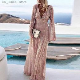 Basic Casual Jurken Fashion DP V Nek Boho feestjurk vrouwen elegant gouden stempelende schouder lange jurk zomer casual sluleloze strandjurken T240330