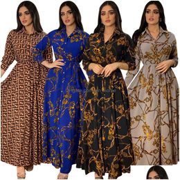 Basic Casual Jurken Mode Frans Elegant Voor Dames Zomer Retro Print Moslim Dubai Abaya Revers Single-Breasted Lange Mouw Shir Dh1Rt