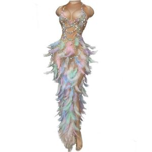 Robes décontractées de base Perles de mode Strass Nude Party Soirée Robe moulante Femmes Chanteur Sans manches Plume Club Bal Anniversaire Dhyqg