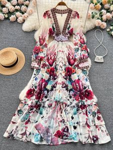 Basic Casual Jurken Fashion Runway prachtige bloem chiffon trapscading ruches jurk dames diep v nek lange mouw bloemenprint boho robe Vestido 230814